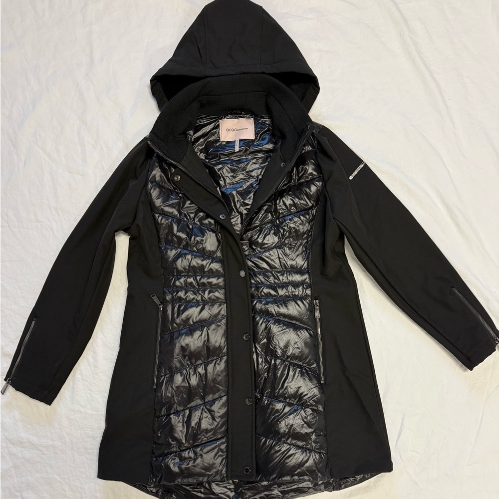 BCBGeneration Women's Mixed Media Black Hooded Raincoat R13